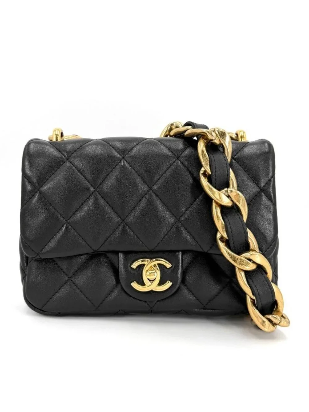 Chanel Shoulder Bag Quilted CC Logo Chain Leather Black Gold
